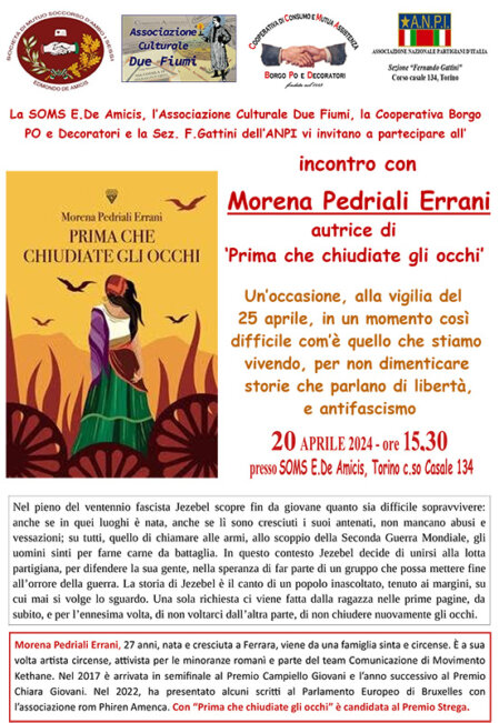 Locandina  2024-04-20 Incontro con Morena Pedriali Errani ("Prima che chiudiate gli occhi")