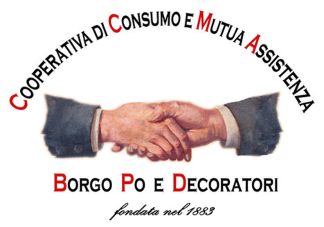 Logo Coop Borgo Po e decoratori con mani dalla bandiera storica